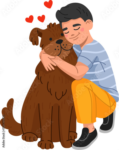 Cartoon boy hugs big fluffy dog. Vector child kneels and gently embraces brown furry pet with closed eyes and love hearts. Sweet emotional moment of affection, trust and joy between kid and animal