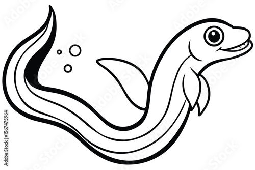 Black and white illustration of a smiling eel swimming with bubbles cartoon