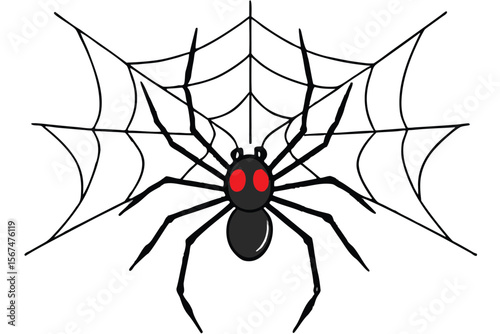 Black spider red eyes hanging on web arachnid