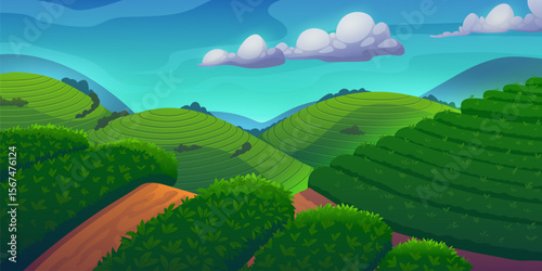 Tea plantations landscape of green farm fields on mountain hills vector background. Vietnam, China and India agriculture, terraced plantation fields of tea plant trees with green leaves under blue sky