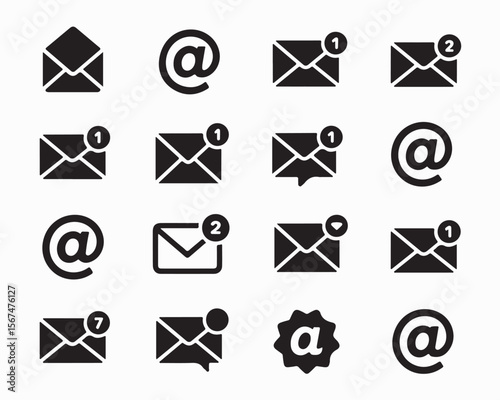 Email icon vector set features envelopes, notifications, and at symbols. Ideal for messaging apps, communication designs, and email marketing