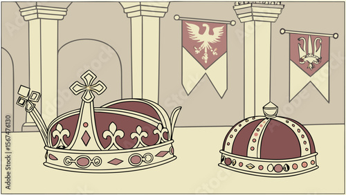Illustration featuring two ornate crowns with fleur de lis and banners in a castle hall