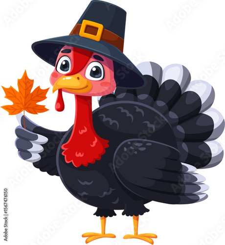 Cartoon Thanksgiving day turkey character in pilgrim hat holding maple leaf. Funny festive bird with black feathers, red wattle and bright eyes. Vector autumn symbol of harvest celebration
