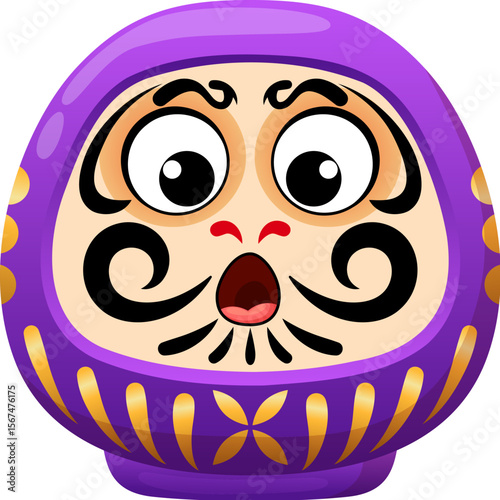 Japanese doll daruma cartoon face mask of Japan culture or Bodhidharma, vector symbol. Purple daruma doll talisman with face symbolizing health, longevity, nobility and spirituality in Japanese art