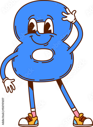 Groovy number 8 or cartoon math character with funny face, vector mathematics emoji. Groovy number 8 or Eight numeral with silly face for kids mathematics or school arithmetic counting character