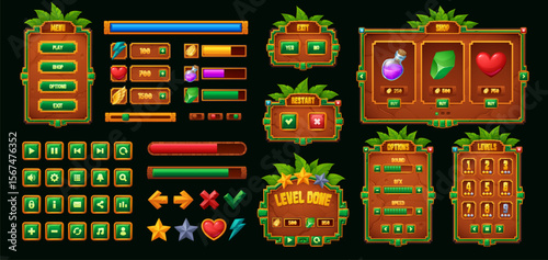 Aztec Inca Maya Mexican game ui interface and button elements asset. Cartoon vector jungle and tropical adventure or platform game gui kit sliders, level menus and icons, hearts, potions, gems, stars