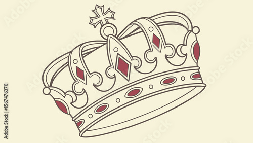 Illustration of a detailed royal crown with red accents and a cross on top on a cream background