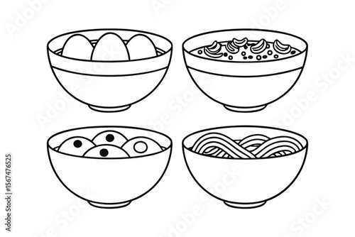Four bowls of food with eggs noodles and dumplings vector