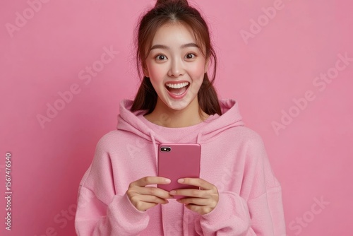 Happy Asian woman shopping online via mobile phone and paying through credit card to earn cashback bonuses, Generative AI