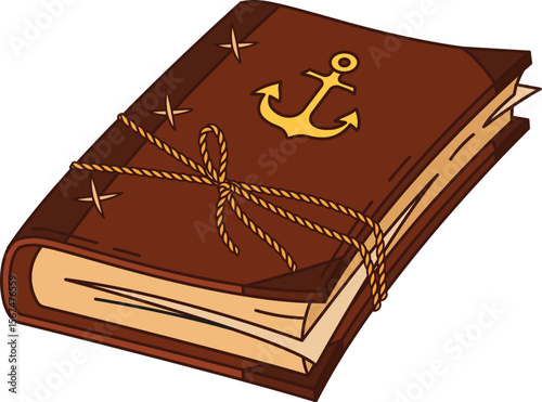 Cartoon groovy mystical pirate diary, ancient ship journal, corsair object and tool. Old vector book with a worn leather cover, golden anchor and thick, aged pages, exudes secrecy and adventure maps