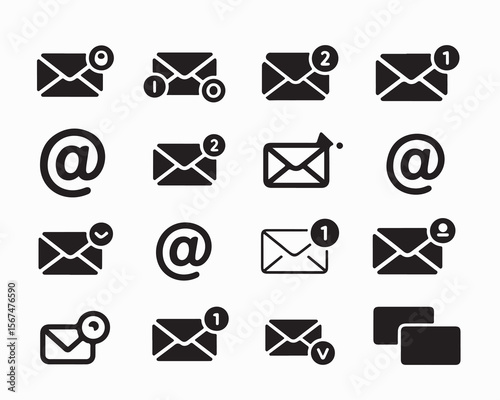Email icon vector set features envelopes, notifications, and at symbols. Ideal for messaging apps, communication designs, and email marketing