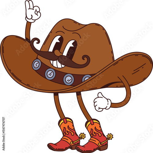 Groovy western cowboy hat character, Wild west hippie personage. Isolated cartoon vector brown, wide brimmed cap with smiling face, retro cowpuncher boots and mustaches showing ok sign