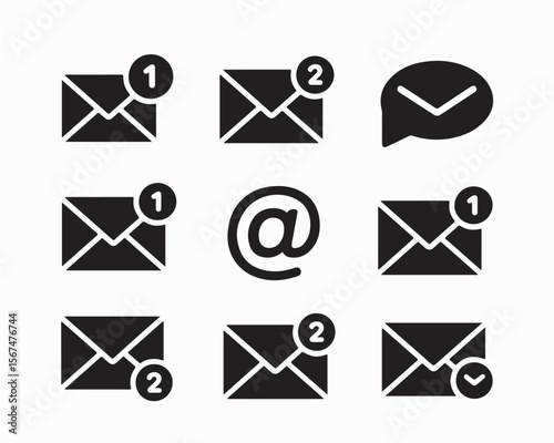 Email icon vector set features envelopes, notifications, and at symbols. Ideal for messaging apps, communication designs, and email marketing