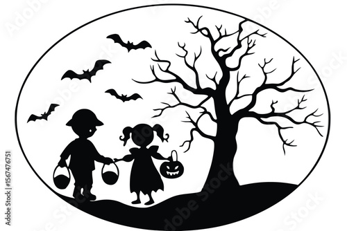 Halloween children trick or treat with bats and bare tree vector