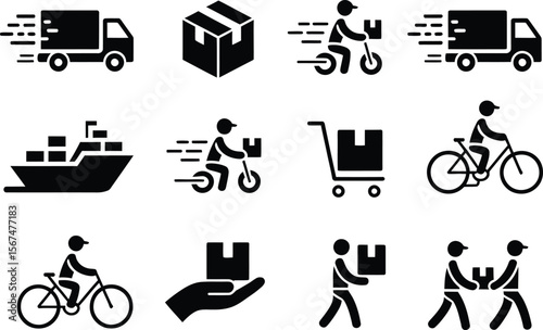 Set of Black and White Delivery and Logistics Icons