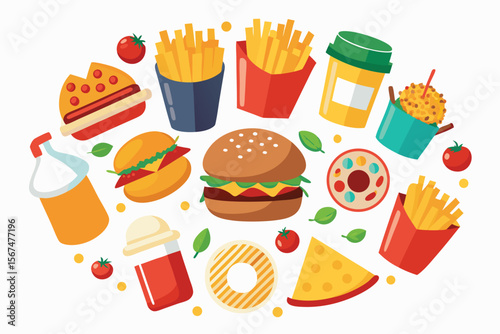 Colorful American Food Vector Illustration Featuring Burgers Pizza Fries and Other Classics