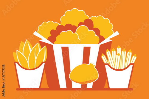 Fast food combo illustration featuring chicken nuggets fries and oranges
