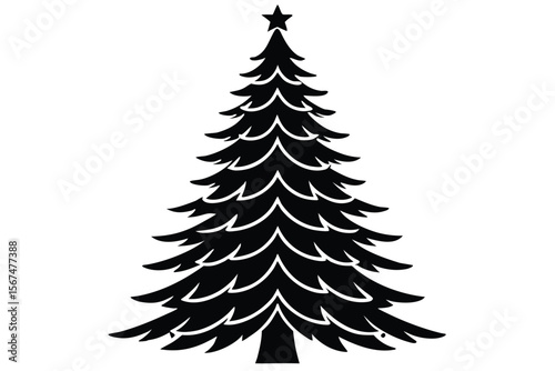 Minimalist black silhouette of a pine tree with a star on top white