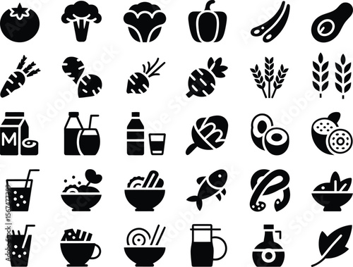 Black and White Collection of Healthy Food and Drink Icons