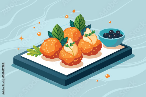 Elegant Appetizer Illustration Caviar Topped Bites with Tomato and Leaf Garnish