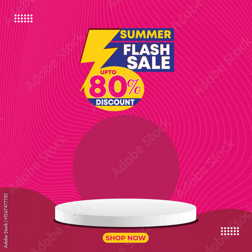 Summer Flash Sale Banner – Up to 80% Discount Offer Design.
pink abstract background, and a product display podium.
Perfect for e-commerce, seasonal promotions, social media marketing,
