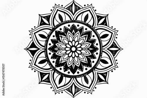 Black and white mandala with intricate floral pattern
