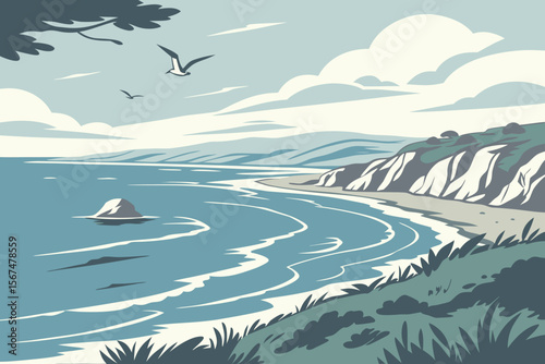 Coastal cliff and ocean waves with seagulls coastline