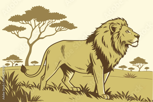 Lion standing in savanna landscape with acacia trees