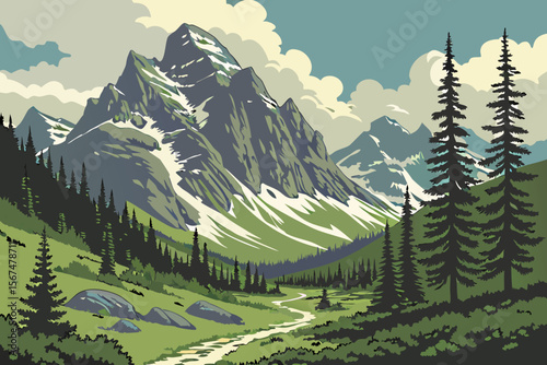 Lush green valley with snow capped mountains and pine trees