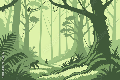 Monkeys in a lush green jungle with dense foliage forest