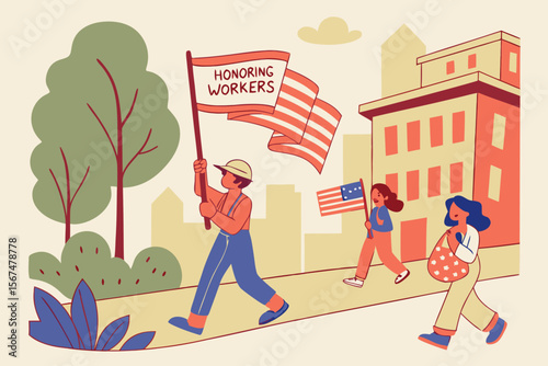 People marching in a parade holding American flags and a banner
