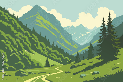 Winding dirt path through green mountain valley landscape