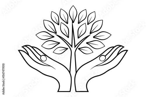 Stylized illustration of cupped hands supporting a leafy tree vector