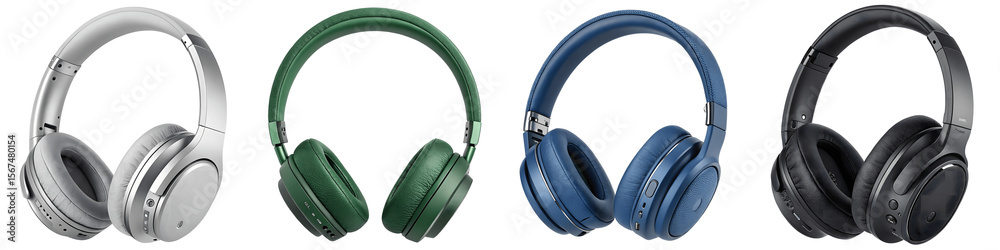 Four colorful headphones isolated on transparent background