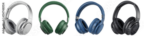 Four colorful headphones isolated on transparent background