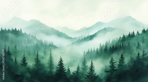 Watercolor of landscape forest misty mountains horizon and fog and hills,pine tree fir tree,Autumn forest background,drawn by hand,Autumn illustration design elements for landscape,wallpaper.