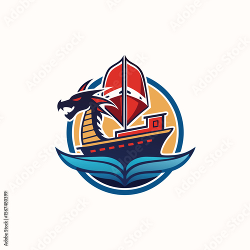 Vintage boat mascot logo design. nautical logotype design template. viking boat minimalist logo, Icon, element vector illustration