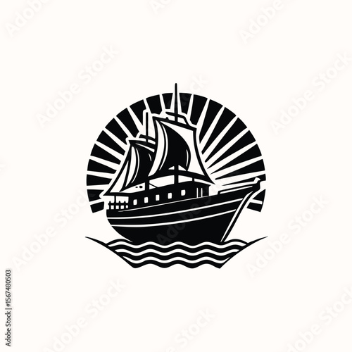 logo or symbol of a ship sailing in the middle of the ocean Minimalist concept vector illustration