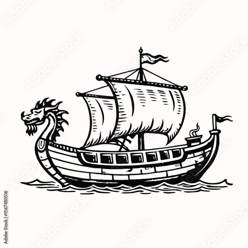 Viking Ship vector illustration. Vintage sailboat logo design for label, badge Isolated on white background