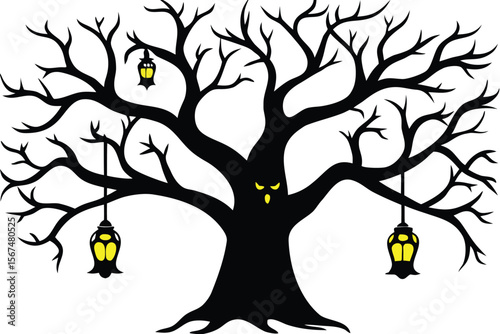 Spooky gnarled tree with hanging lanterns and glowing eyes bare branches