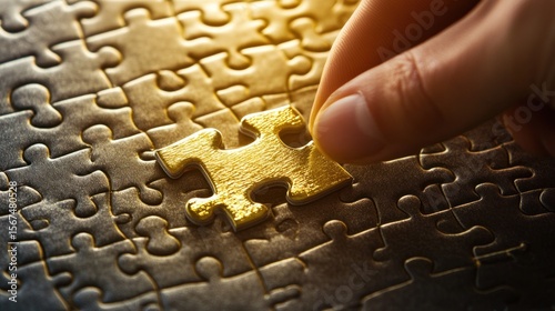 Hand placing golden puzzle piece