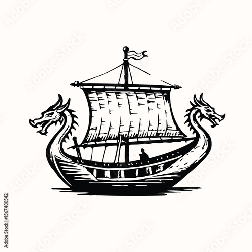 Viking Ship vector illustration. Vintage sailboat logo design for label, badge Isolated on white background