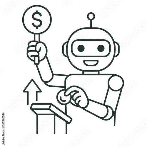 Line icon of trading AI robot asistant participating in stock market auction holding dollar sign