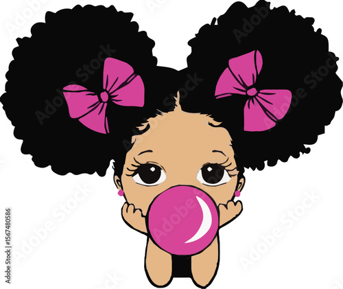 Print Adorable African American Baby Girl with Pink Bows and Bubble Gum