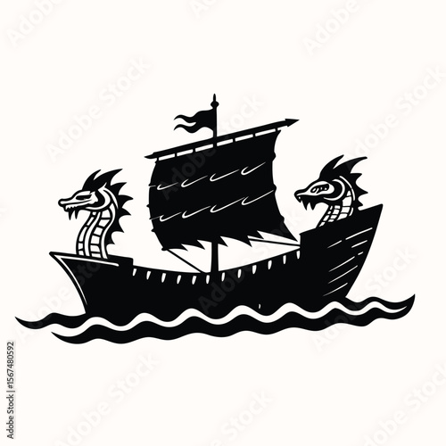Vintage Viking Longboat with Dragon Head Silhouette vintage style Minimalist concept vector illustration