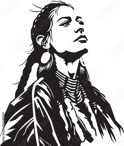 Print Native American Woman Looking Up in Profile