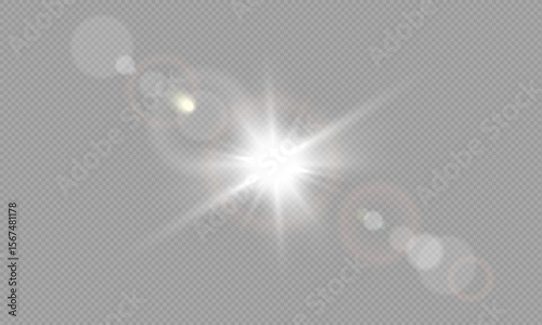 Vector sun light ray, photography blur lens flare and warm spotlight flash with glowing bokeh effect. Star burst in sky with sparkle and shiny christmas glittering beam. New year or xmas party light.