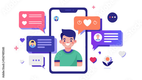 Social Media Engagement on a Smartphone Screen with Messages, Likes, and Interactions, Flat Vector Illustration