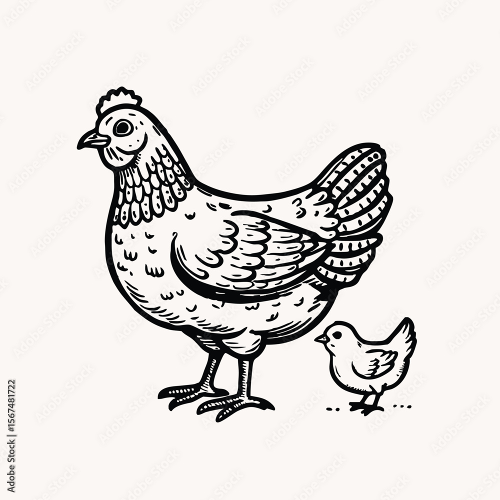Fototapeta premium Mother hen with her baby chicks. Cartoon funny brown hen with little yellow chicken. Vector cartoon illustration