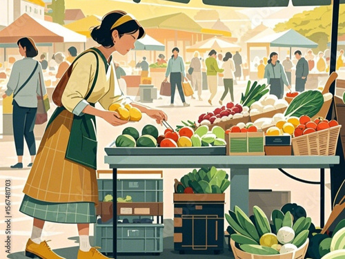 A housewife is choosing food ingredients at a traveling vendor who offers a variety of raw materials.